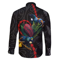 New Zealand Tui Birds Love Couple Family Matching Tank Maxi Dress and Hawaiian Shirt The Heart of Silver Fern Leaves and Maori Tattoo Pattern
