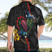 New Zealand Tui Birds Love Couple Hawaiian Shirt The Heart of Silver Fern Leaves and Maori Tattoo Pattern