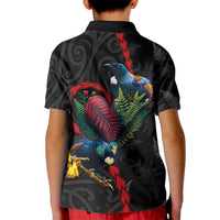 New Zealand Tui Birds Love Couple Kid Polo Shirt The Heart of Silver Fern Leaves and Maori Tattoo Pattern