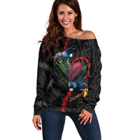 New Zealand Tui Birds Love Couple Off Shoulder Sweater The Heart of Silver Fern Leaves and Maori Tattoo Pattern