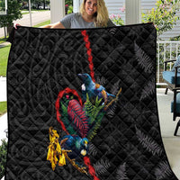 New Zealand Tui Birds Love Couple Quilt The Heart of Silver Fern Leaves and Maori Tattoo Pattern