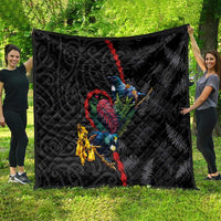 New Zealand Tui Birds Love Couple Quilt The Heart of Silver Fern Leaves and Maori Tattoo Pattern