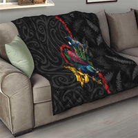 New Zealand Tui Birds Love Couple Quilt The Heart of Silver Fern Leaves and Maori Tattoo Pattern