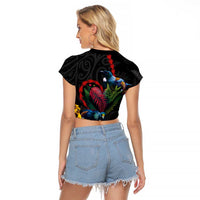 New Zealand Tui Birds Love Couple Raglan Cropped T Shirt The Heart of Silver Fern Leaves and Maori Tattoo Pattern