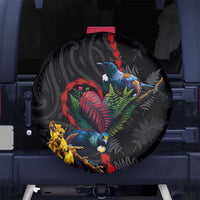 New Zealand Tui Birds Love Couple Spare Tire Cover The Heart of Silver Fern Leaves and Maori Tattoo Pattern