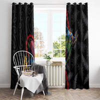 New Zealand Tui Birds Love Couple Window Curtain The Heart of Silver Fern Leaves and Maori Tattoo Pattern