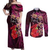 Pasifika Festival Couples Matching Off Shoulder Maxi Dress and Long Sleeve Button Shirt Plumeria Turtles with Hibiscus - Polynesian Art Tattoo Pink Color