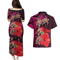Pasifika Festival Couples Matching Puletasi and Hawaiian Shirt Plumeria Turtles with Hibiscus - Polynesian Art Tattoo Pink Color