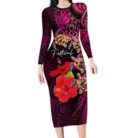 Pasifika Festival Family Matching Long Sleeve Bodycon Dress and Hawaiian Shirt Plumeria Turtles with Hibiscus - Polynesian Art Tattoo Pink Color