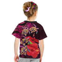 Pasifika Festival Kid T Shirt Plumeria Turtles with Hibiscus - Polynesian Art Tattoo Pink Color