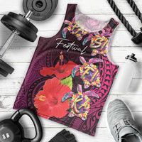 Pasifika Festival Men Tank Top Plumeria Turtles with Hibiscus - Polynesian Art Tattoo Pink Color