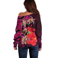Pasifika Festival Off Shoulder Sweater Plumeria Turtles with Hibiscus - Polynesian Art Tattoo Pink Color