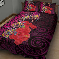 Pasifika Festival Quilt Bed Set Plumeria Turtles with Hibiscus - Polynesian Art Tattoo Pink Color