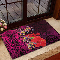 Pasifika Festival Rubber Doormat Plumeria Turtles with Hibiscus - Polynesian Art Tattoo Pink Color