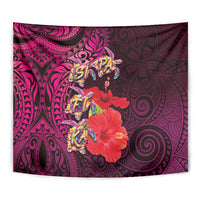 Pasifika Festival Tapestry Plumeria Turtles with Hibiscus - Polynesian Art Tattoo Pink Color