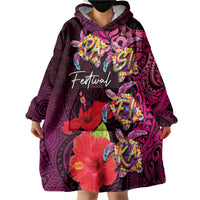 Pasifika Festival Wearable Blanket Hoodie Plumeria Turtles with Hibiscus - Polynesian Art Tattoo Pink Color