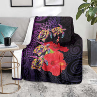 Pasifika Festival Blanket Plumeria Turtles with Hibiscus - Polynesian Art Tattoo Purple Color