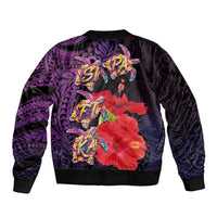 Pasifika Festival Bomber Jacket Plumeria Turtles with Hibiscus - Polynesian Art Tattoo Purple Color