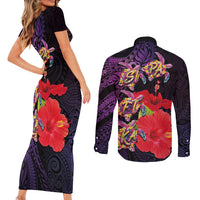 Pasifika Festival Couples Matching Short Sleeve Bodycon Dress and Long Sleeve Button Shirt Plumeria Turtles with Hibiscus - Polynesian Art Tattoo Purple Color