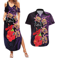 Pasifika Festival Couples Matching Summer Maxi Dress and Hawaiian Shirt Plumeria Turtles with Hibiscus - Polynesian Art Tattoo Purple Color