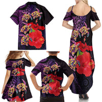 Pasifika Festival Family Matching Summer Maxi Dress and Hawaiian Shirt Plumeria Turtles with Hibiscus - Polynesian Art Tattoo Purple Color