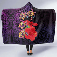 Pasifika Festival Hooded Blanket Plumeria Turtles with Hibiscus - Polynesian Art Tattoo Purple Color
