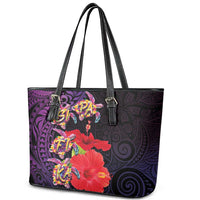 Pasifika Festival Leather Tote Bag Plumeria Turtles with Hibiscus - Polynesian Art Tattoo Purple Color