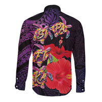 Pasifika Festival Long Sleeve Button Shirt Plumeria Turtles with Hibiscus - Polynesian Art Tattoo Purple Color
