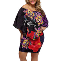 Pasifika Festival Off Shoulder Short Dress Plumeria Turtles with Hibiscus - Polynesian Art Tattoo Purple Color