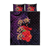 Pasifika Festival Quilt Bed Set Plumeria Turtles with Hibiscus - Polynesian Art Tattoo Purple Color