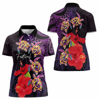Pasifika Festival Women Polo Shirt Plumeria Turtles with Hibiscus - Polynesian Art Tattoo Purple Color