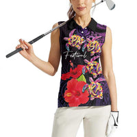 Pasifika Festival Women Sleeveless Polo Shirt Plumeria Turtles with Hibiscus - Polynesian Art Tattoo Purple Color