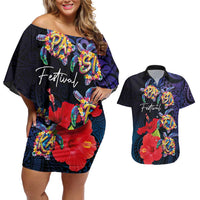 Pasifika Festival Couples Matching Off Shoulder Short Dress and Hawaiian Shirt Plumeria Turtles with Hibiscus - Polynesian Art Tattoo Dark Navy Color