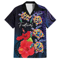 Pasifika Festival Family Matching Tank Maxi Dress and Hawaiian Shirt Plumeria Turtles with Hibiscus - Polynesian Art Tattoo Dark Navy Color