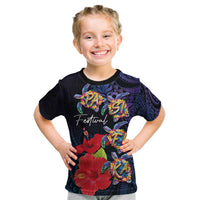 Pasifika Festival Kid T Shirt Plumeria Turtles with Hibiscus - Polynesian Art Tattoo Dark Navy Color