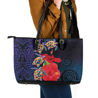 Pasifika Festival Leather Tote Bag Plumeria Turtles with Hibiscus - Polynesian Art Tattoo Dark Navy Color