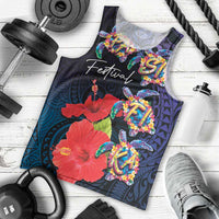 Pasifika Festival Men Tank Top Plumeria Turtles with Hibiscus - Polynesian Art Tattoo Dark Navy Color