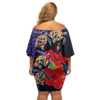 Pasifika Festival Off Shoulder Short Dress Plumeria Turtles with Hibiscus - Polynesian Art Tattoo Dark Navy Color
