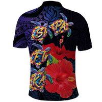 Pasifika Festival Polo Shirt Plumeria Turtles with Hibiscus - Polynesian Art Tattoo Dark Navy Color