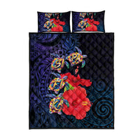 Pasifika Festival Quilt Bed Set Plumeria Turtles with Hibiscus - Polynesian Art Tattoo Dark Navy Color