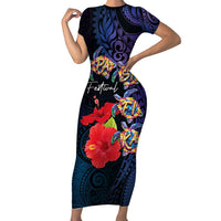 Pasifika Festival Short Sleeve Bodycon Dress Plumeria Turtles with Hibiscus - Polynesian Art Tattoo Dark Navy Color