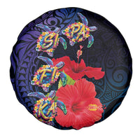 Pasifika Festival Spare Tire Cover Plumeria Turtles with Hibiscus - Polynesian Art Tattoo Dark Navy Color