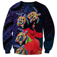 Pasifika Festival Sweatshirt Plumeria Turtles with Hibiscus - Polynesian Art Tattoo Dark Navy Color