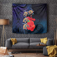 Pasifika Festival Tapestry Plumeria Turtles with Hibiscus - Polynesian Art Tattoo Dark Navy Color
