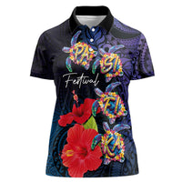 Pasifika Festival Women Polo Shirt Plumeria Turtles with Hibiscus - Polynesian Art Tattoo Dark Navy Color