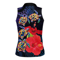 Pasifika Festival Women Sleeveless Polo Shirt Plumeria Turtles with Hibiscus - Polynesian Art Tattoo Dark Navy Color