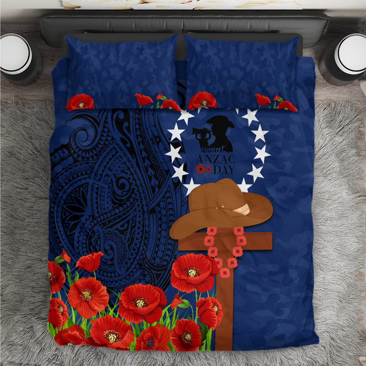 Cook Islands ANZAC Day Bedding Set Soldier Paying Respect We Shall Remember Them LT03 Blue - Polynesian Pride