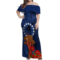 Cook Island ANZAC Day Off Shoulder Maxi Dress Soldier Paying Respect We Shall Remember Them LT03 Women Blue - Polynesian Pride