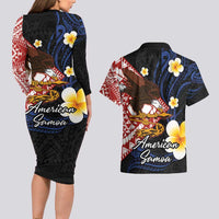 American Samoa Flag Day Couples Matching Long Sleeve Bodycon Dress and Hawaiian Shirt Polynesian Tatau Art and Plumeria