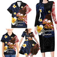 American Samoa Flag Day Family Matching Long Sleeve Bodycon Dress and Hawaiian Shirt Polynesian Tatau Art and Plumeria